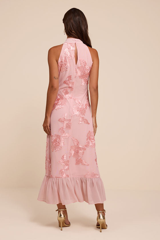 Margaret Light Pink Textured Ruffled Midi Dress
