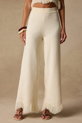 Helisa Cream Sweater Knit High-Rise Fringe Pants