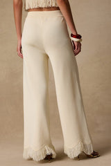 Helisa Cream Sweater Knit High-Rise Fringe Pants