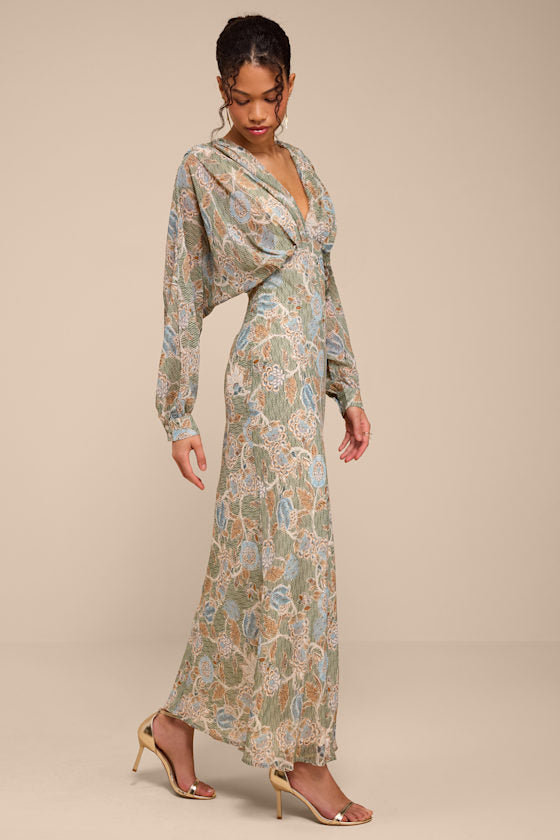Azalea Sage Multi Floral Long Sleeve Midi Dress