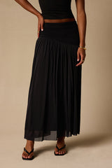 Olene Black Mixed Media Asymmetrical Maxi Skirt