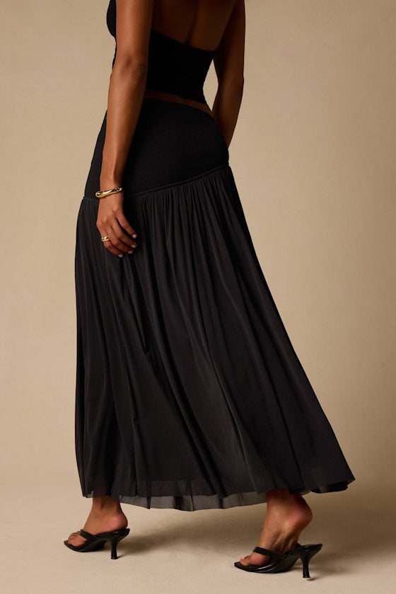 Olene Black Mixed Media Asymmetrical Maxi Skirt
