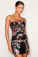 Tiffy Black Multi Sequin Embroidered Strapless Mini Dress