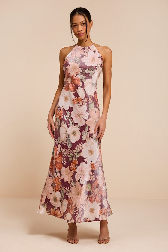 Sidney Dark Mauve Multi Floral Halter Maxi Dress