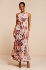 Sidney Dark Mauve Multi Floral Halter Maxi Dress