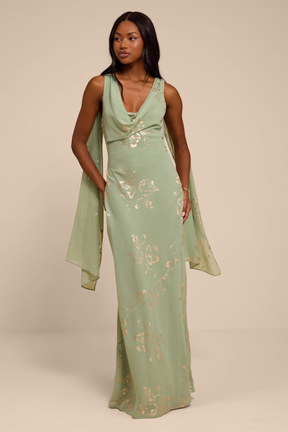 Sidonia Sage and Gold Floral Cowl Sash Maxi Dress
