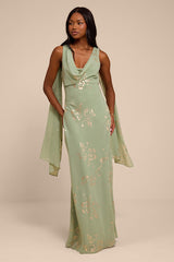Sidonia Sage and Gold Floral Cowl Sash Maxi Dress