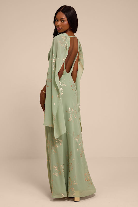 Sidonia Sage and Gold Floral Cowl Sash Maxi Dress