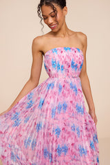 Kymani Pink Multi Floral Pleated Midi Dress