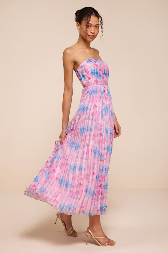 Kymani Pink Multi Floral Pleated Midi Dress