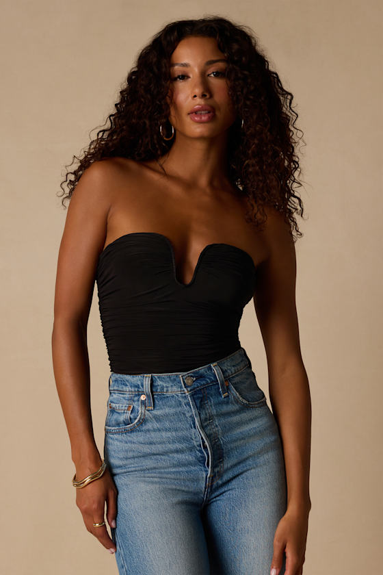 Niv Black Mesh Ruched Bodysuit