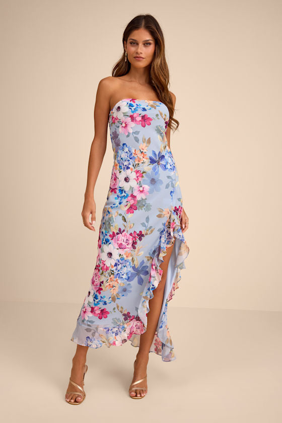 Melissa Light Blue Multi Floral Ruffled Midi Dress