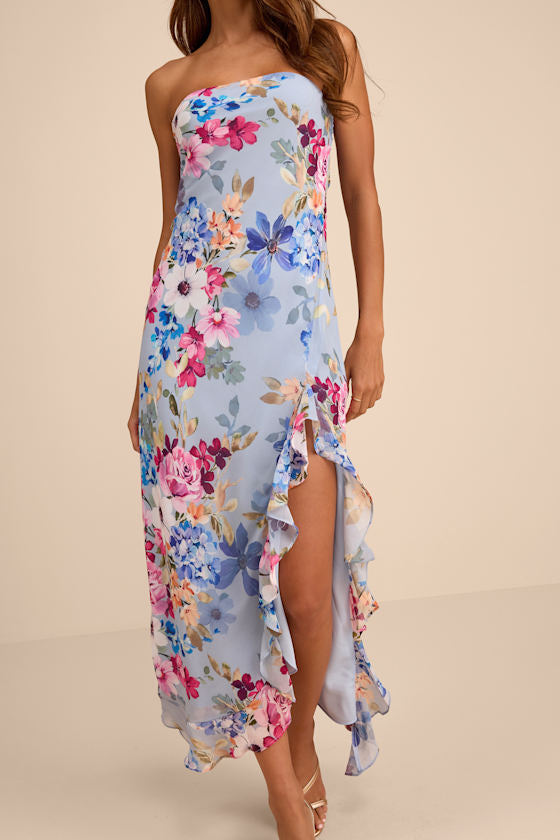 Melissa Light Blue Multi Floral Ruffled Midi Dress