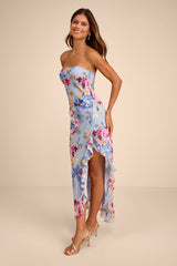 Melissa Light Blue Multi Floral Ruffled Midi Dress