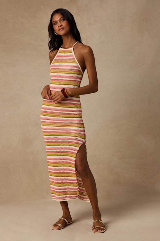 Nalani Pink Multi Striped Crochet Halter Midi Dress