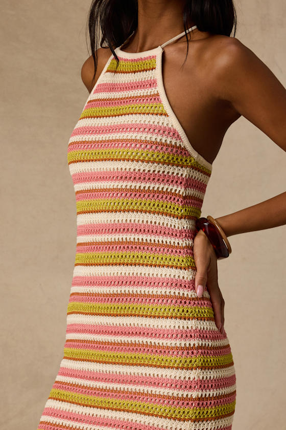 Nalani Pink Multi Striped Crochet Halter Midi Dress