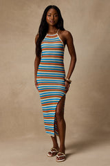 Nalani Blue Multi Striped Crochet Halter Midi Dress