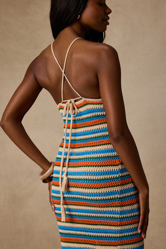 Nalani Blue Multi Striped Crochet Halter Midi Dress
