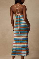 Nalani Blue Multi Striped Crochet Halter Midi Dress