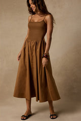 Tandria Light Brown Smocked Sleeveless Midi Dress