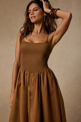 Tandria Light Brown Smocked Sleeveless Midi Dress