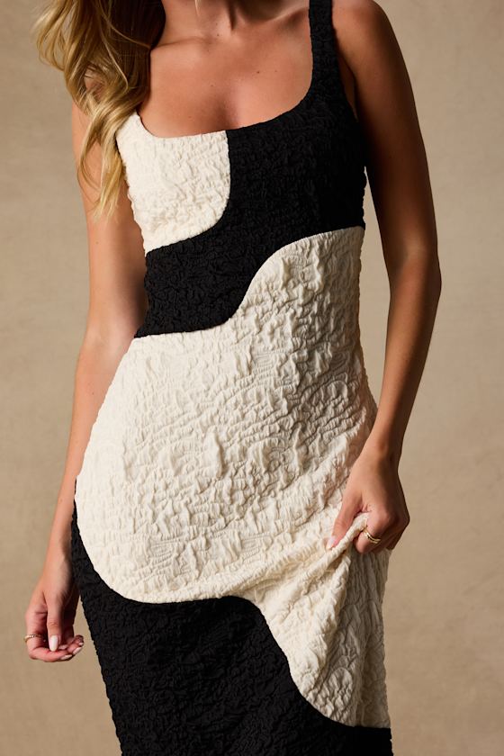 Instantly Adored Black and Ivory Color Block Textured Midi Dress