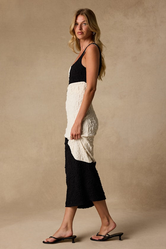 Instantly Adored Black and Ivory Color Block Textured Midi Dress