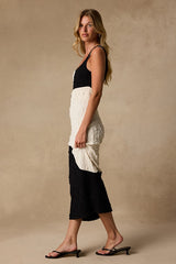 Instantly Adored Black and Ivory Color Block Textured Midi Dress