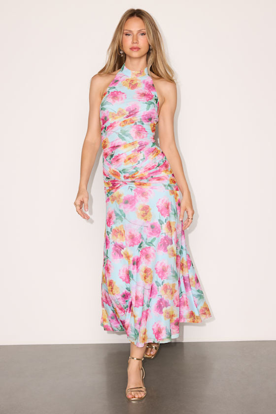 Nancy Light Blue Multi Mesh Halter Midi Dress