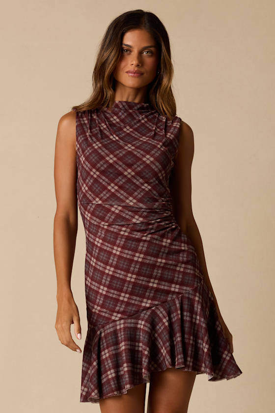 Selvia Burgundy Plaid Ruched Mesh Mini Dress