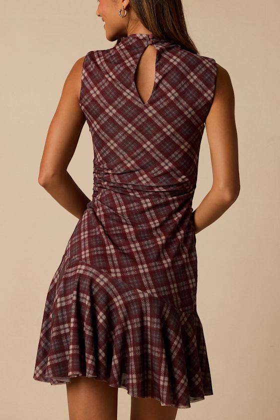 Selvia Burgundy Plaid Ruched Mesh Mini Dress