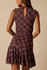 Selvia Burgundy Plaid Ruched Mesh Mini Dress