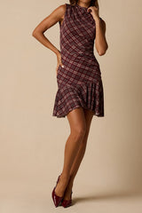 Selvia Burgundy Plaid Ruched Mesh Mini Dress