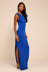 Significant Allure Blue Slinky Knit Ruched Maxi Dress