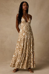 Mykonos Memories Tan and Ivory Abstract Maxi Dress With Pockets