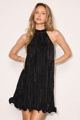 Vaivah Black Satin Plisse Mock Neck Swing Mini Dress