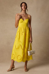 Jenora Yellow Embroidered Bustier Midi Dress