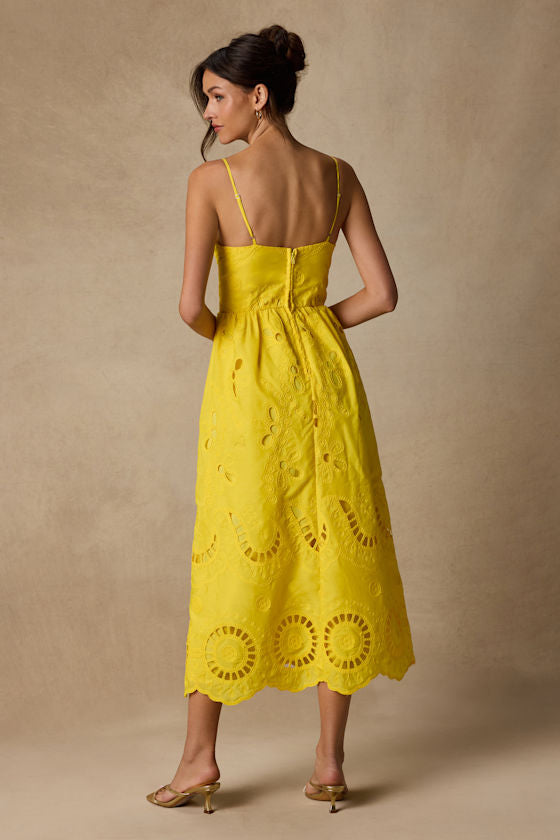 Jenora Yellow Embroidered Bustier Midi Dress