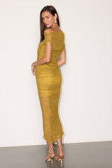 Sunama Chartreuse Mesh Ruched Bodycon Midi Dress
