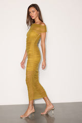 Sunama Chartreuse Mesh Ruched Bodycon Midi Dress