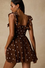 Nixie Brown Textured Floral Embroidered Mini Dress