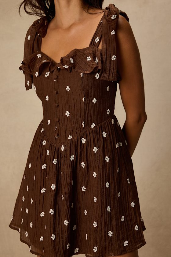 Nixie Brown Textured Floral Embroidered Mini Dress
