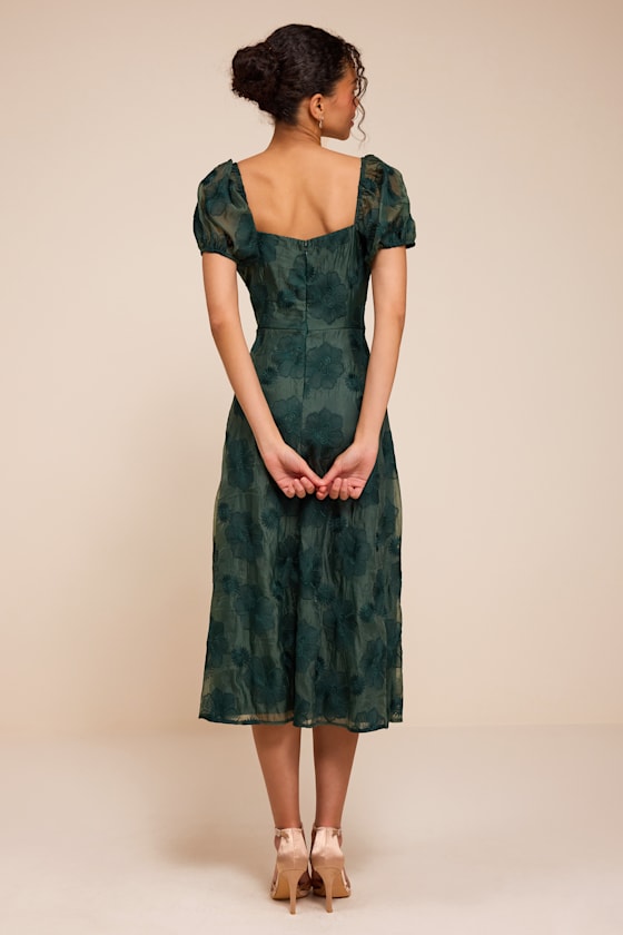 Sweetest Behavior Emerald Embroidered Puff Sleeve Midi Dress