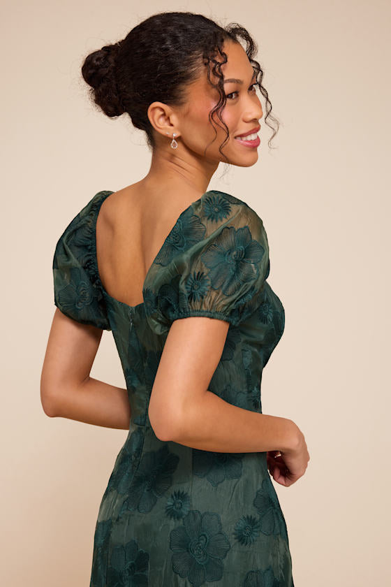 Sweetest Behavior Emerald Embroidered Puff Sleeve Midi Dress