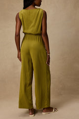 Nami Chartreuse Cotton Wide-Leg Jumpsuit