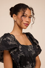 Cathaysa Black Embroidered Puff Sleeve Bow Mini Dress