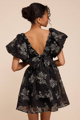 Cathaysa Black Embroidered Puff Sleeve Bow Mini Dress
