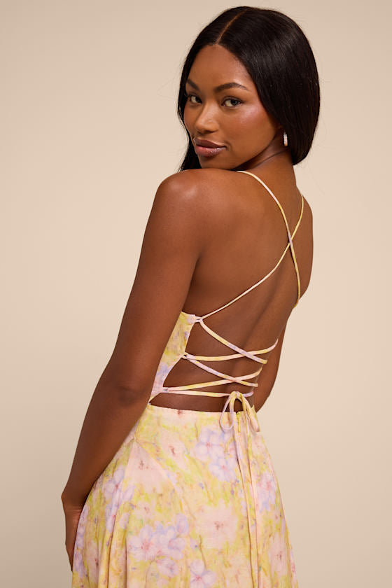Chelly Yellow Multi Floral Lace-Up Maxi Dress