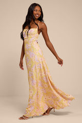 Chelly Yellow Multi Floral Lace-Up Maxi Dress