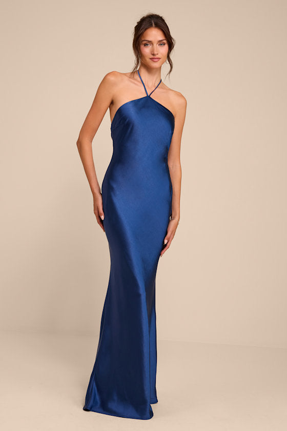 Roya Navy Satin Halter Backless Maxi Dress